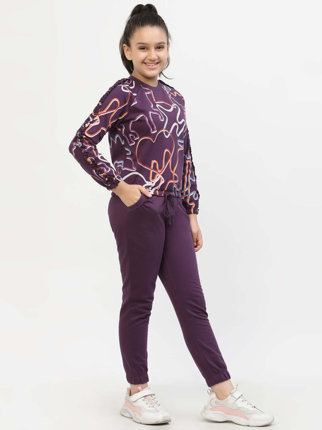 Spunkies-Zig-Zag-Printed-Organic-Cotton-Sweatshirt & Joggers-Sets-Voilet