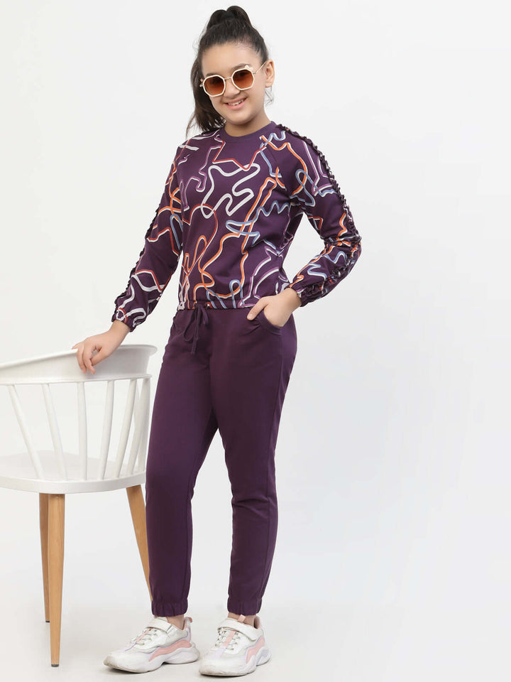 Spunkies-Zig-Zag-Printed-Organic-Cotton-Sweatshirt & Joggers-Sets-Voilet